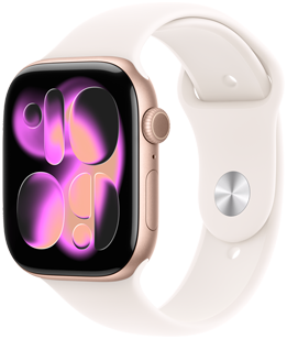 Apple Watch Series 11, kuldne roosa, alumiiniumist korpus, Responsive Art ekraan, parema külje välimus, Digital Crown, mikrofon, külgnupp, Sport Band rihm, heleroosa, hõbe tihvtkinnitus