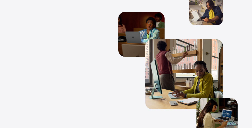 Various people using Apple products to study, work, design and draw.
