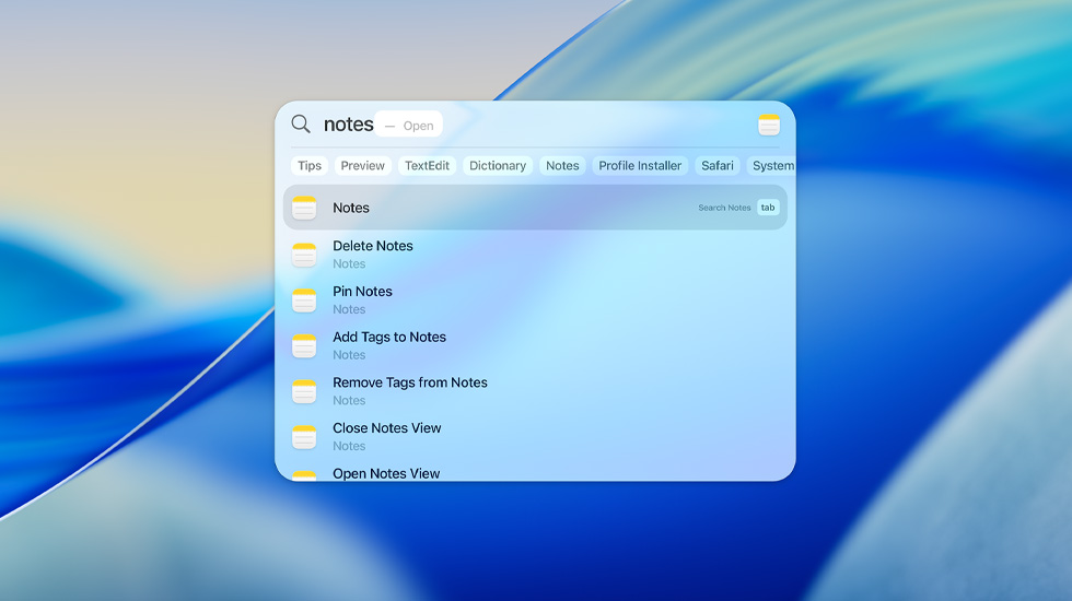 Spotlight search for notes on macOS Tahoe.