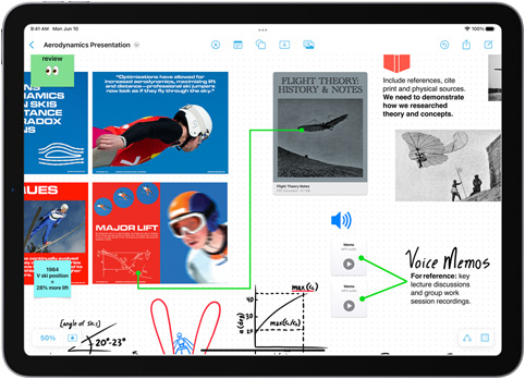 iPad yang menampilkan papan Freeform digunakan untuk membuat presentasi aerodinamika.