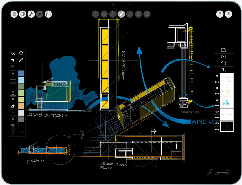 iPad Air, orientasi lanskap, layar menampilkan aplikasi Morpholio Trace