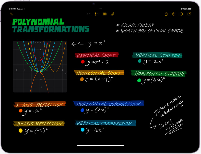 iPad Air, orientasi lanskap, layar menampilkan Catatan Matematika