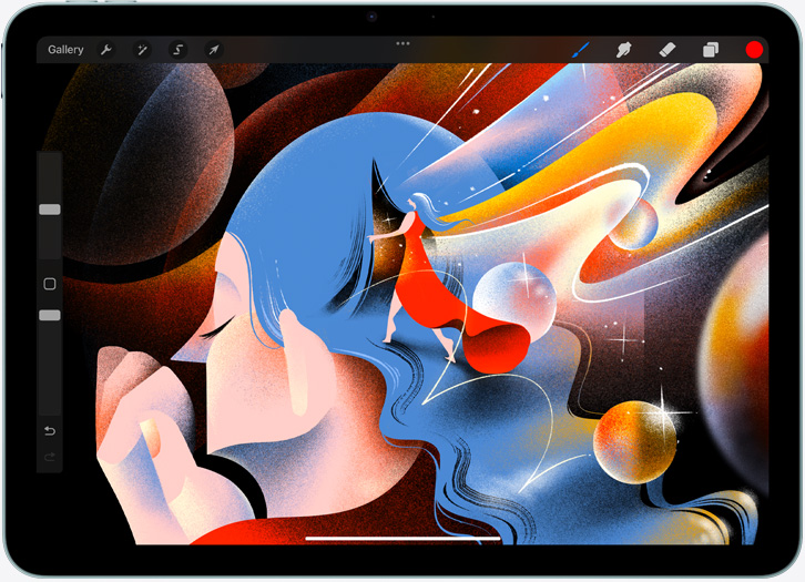 iPad Air, orientasi lanskap, layar menampilkan ilustrasi di aplikasi Procreate