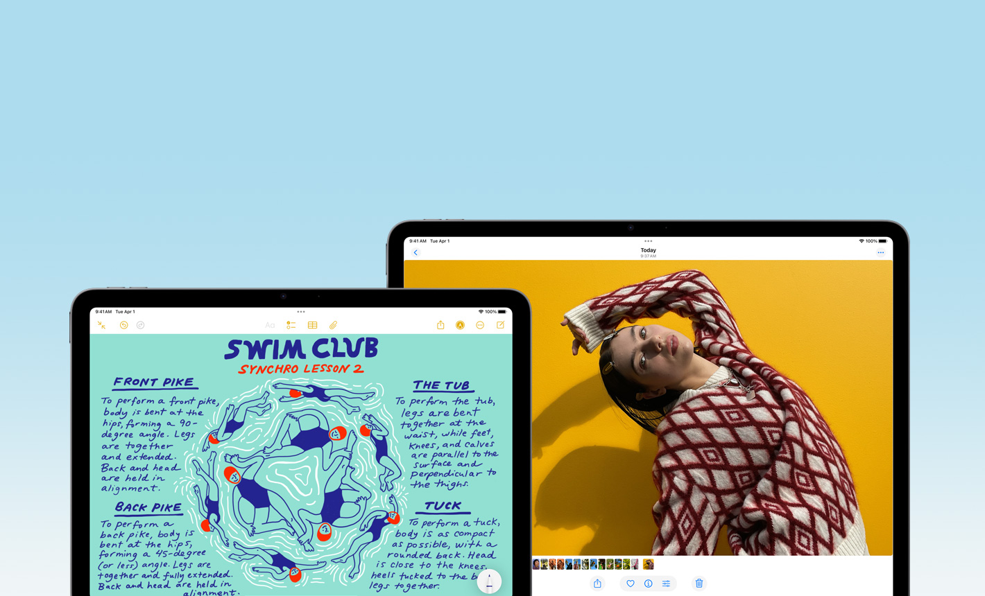 Eksterior depan iPad Air 11 inci menampilkan Catatan dan iPad Air 13 inci menampilkan Foto untuk memperlihatkan ukuran layar yang berbeda