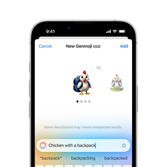 Écran d’iPhone 16e montrant la création d’un Genmoji.