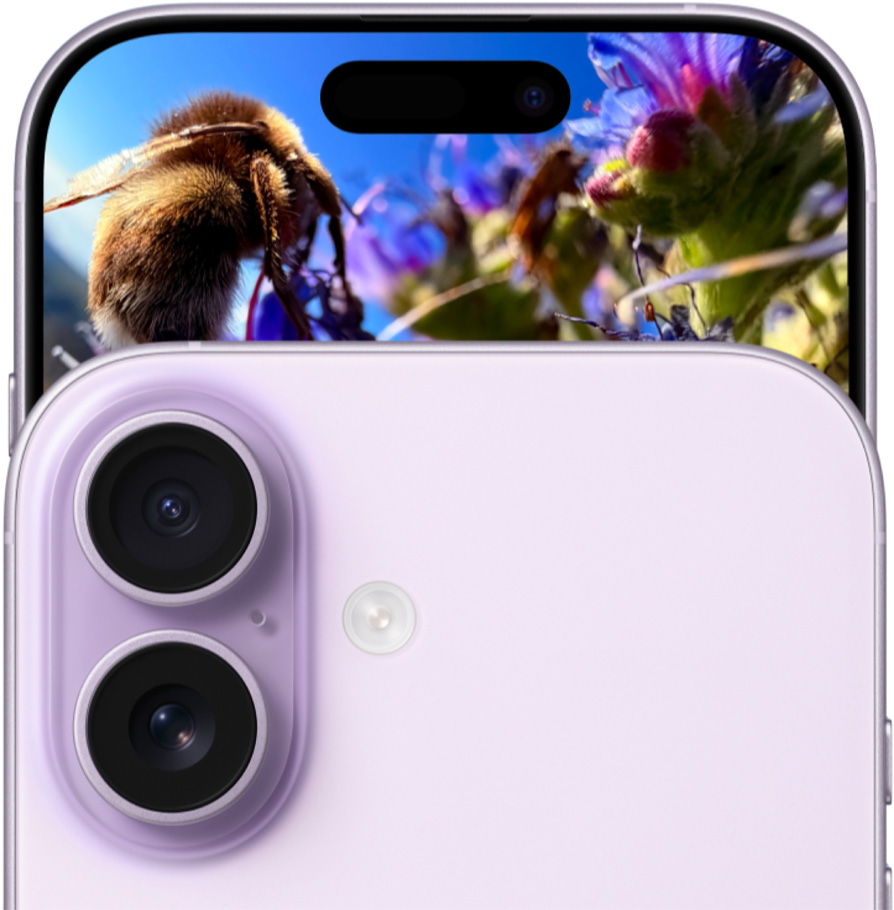 iPhone 17 front exterior with Dual Fusion Camera System, rear exterior, lavender color.