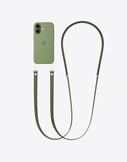 iPhone 17 vist bagfra med grønt etui, fastgjort til grøn crossbody-rem