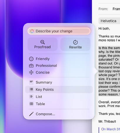 Writing Tools in use, highlighting large paragraph of text in an email, Writing Tools menu shows Key Points option selected, with icon of bulleted list