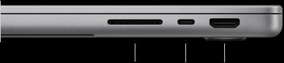 MacBook Pro 14-inch with M5, closed, right side, showing SDXC card slot, one Thunderbolt 4 port, and HDMI port