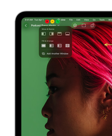 Kontrol jendela, dengan tombol merah untuk menutup, tombol kuning untuk mengecilkan, dan tombol hijau untuk zoom, serta opsi untuk menggeser dan mengubah ukuran atau menyusun jendela Anda