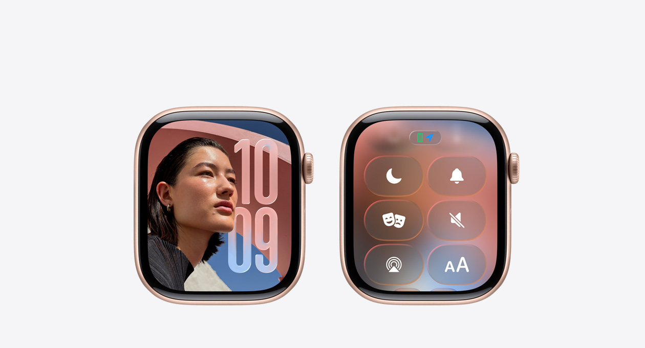 Apple Watch in Rose Gold without strap, Clock app on watch face showcasing new Liquid Glass design in watchOS 26