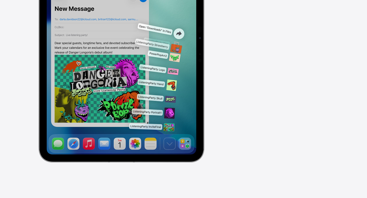 Närbild på Apple-enhet med Dock längst ner och en rad filer som sprids ut uppåt som en solfjäder