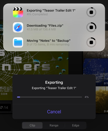 En lista med liveaktiviteter som pågår och körs samtidigt. I listan finns bland annat en trailer som exporteras, stora filer som laddas ner och Anteckningar som flyttas till Säkerhetskopia.