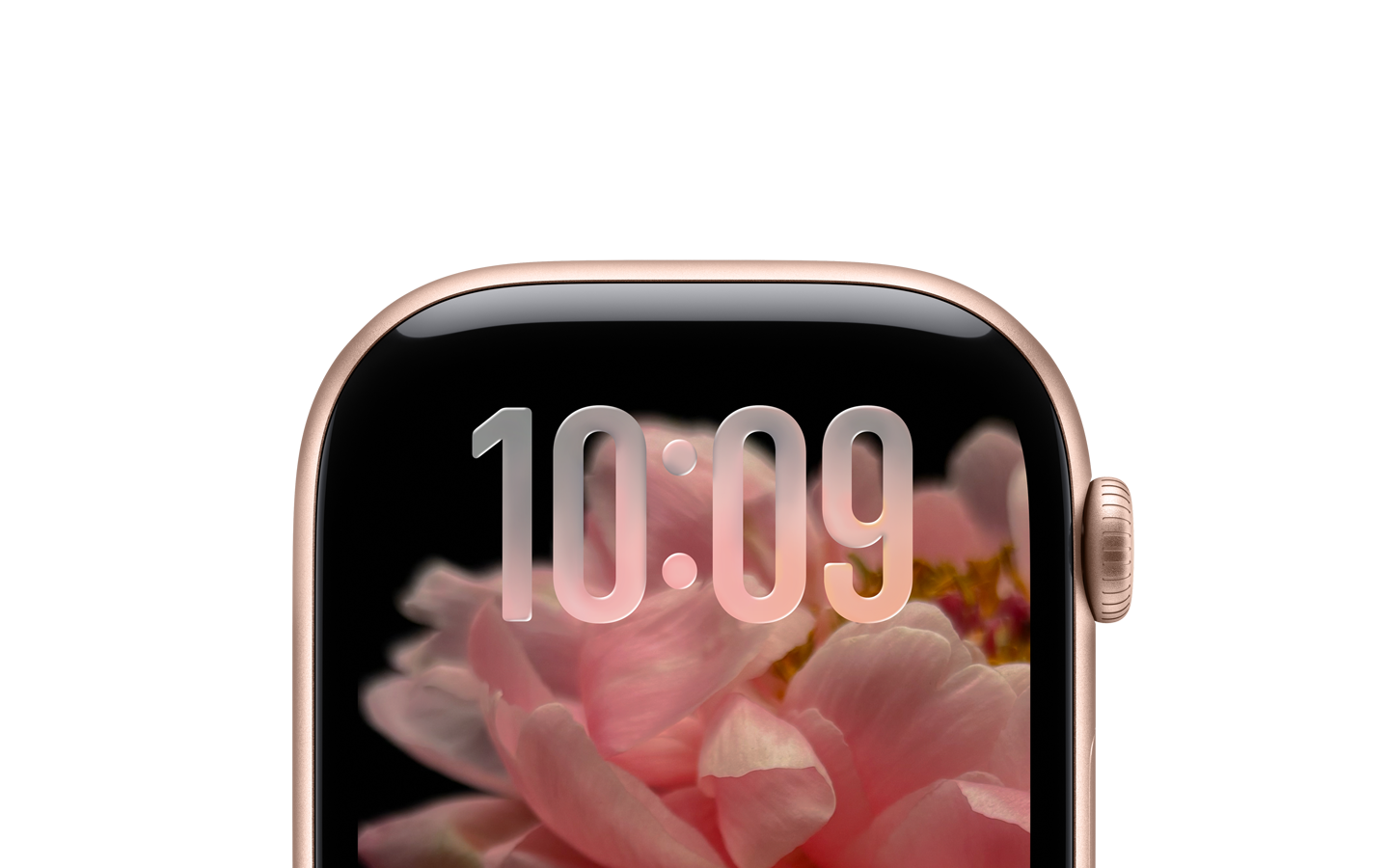 Apple Watch in Rose Gold, no band, top section of face only, translucent Liquid Glass time numerals at top