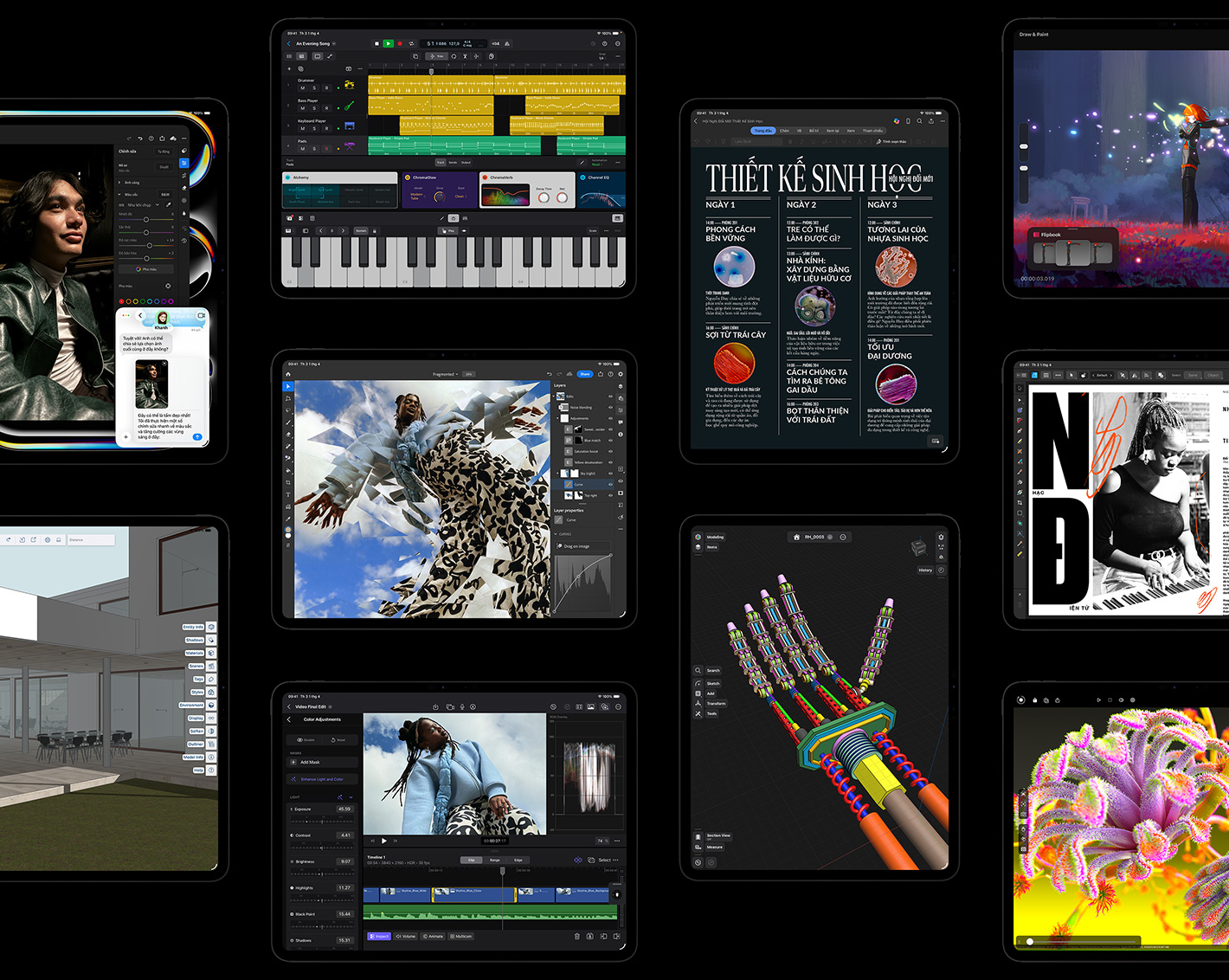 Multiple iPad Pro displays showcasing iPadOS apps with creative projects open including Logic Pro, Adobe Lightroom, Adobe Photoshop, Final Cut Pro, Trimble SketchUp, Microsoft Word, Procreate Dreams, Affinity Designer 2, Shapr3D, Octane X