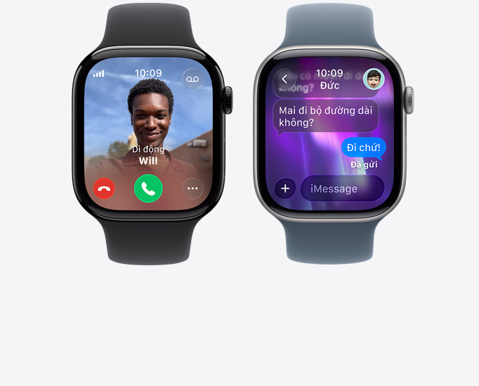Apple Watch Series 11 devices, incoming call, contact photo, accept and decline call buttons, iMessage conversation
