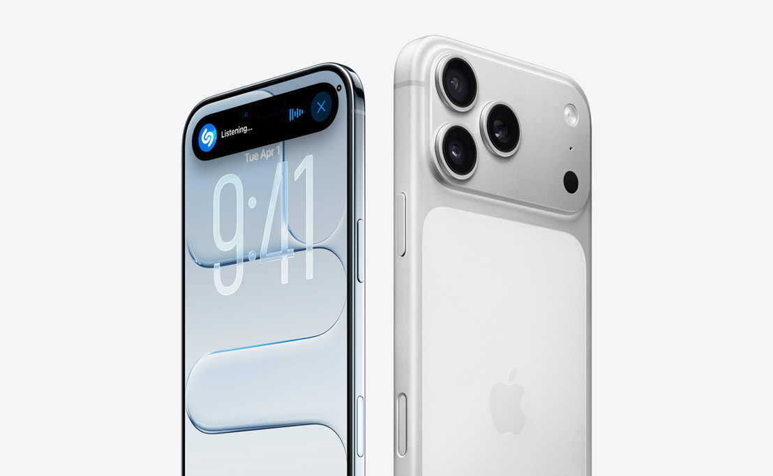 Back of iPhone 16 Pro in Desert Titanium showing three camera lenses behind another iPhone 16 Pro highlighting Dynamic Island capabilities on display screen.